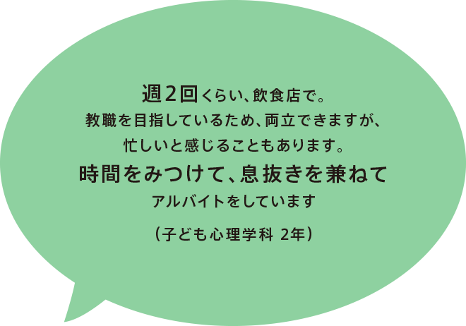 週2回くらい、飲食店で。教職を目指しているため、両立できますが、忙しいと感じることもあります。時間をみつけて、息抜きを兼ねてアルバイトをしています（子ども心理学科 2年）