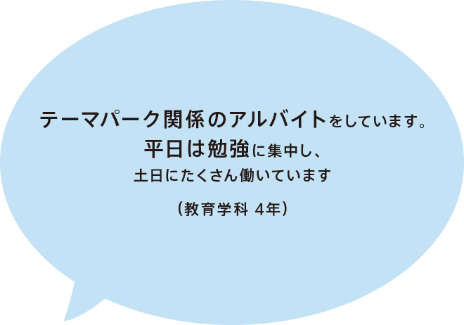 テーマパーク関係のアルバイトをしています。平日は勉強に集中し、土日にたくさん働いています（教育学科 4年）