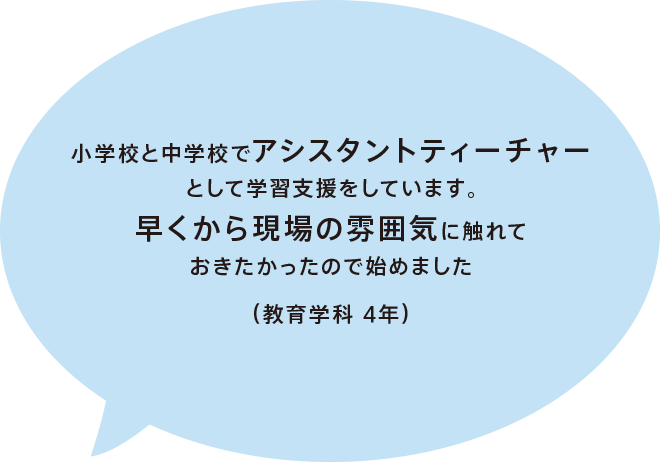 小学校と中学校でアシスタントティーチャーとして学習支援をしています。早くから現場の雰囲気に触れておきたかったので始めました（教育学科 4年）