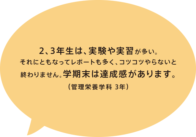 2、3年生は、実験や実習が多い。それにともなってレポートも多く、コツコツやらないと終わりません。学期末は達成感があります。（管理栄養学科 3年）