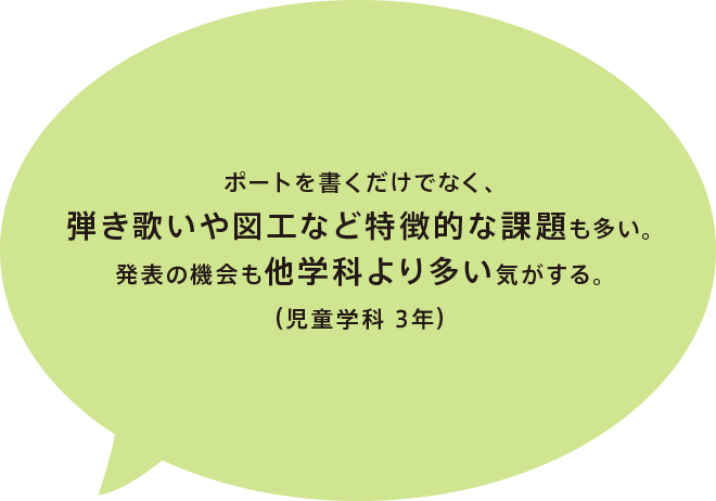 ポートを書くだけでなく、弾き歌いや図工など特徴的な課題も多い。発表の機会も他学科より多い気がする。（児童学科 3年）