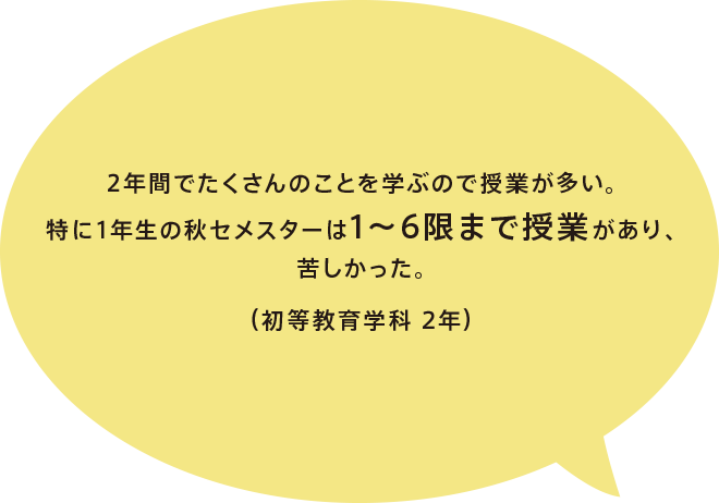 2年間でたくさんのことを学ぶので授業が多い。特に1年生の秋セメスターは1～6限まで授業があり、苦しかった。（初等教育学科 2年）