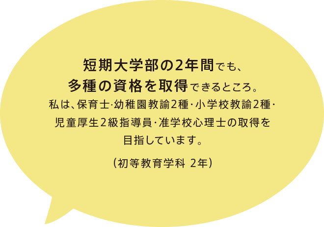 短期大学部の2年間でも、多種の資格を取得できるところ。私は、保育士·幼稚園教諭2種・小学校教諭2種・児童厚生2級指導員・准学校心理士の取得を目指しています。
（初等教育学科 2年）