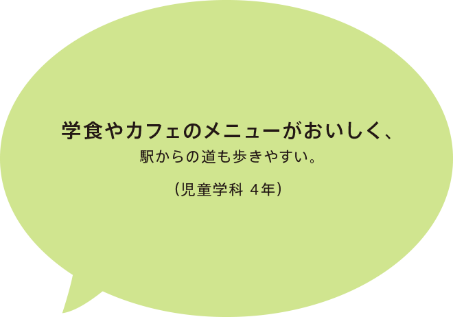 学食やカフェのメニューがおいしく、駅からの道も歩きやすい。（児童学科 4年）