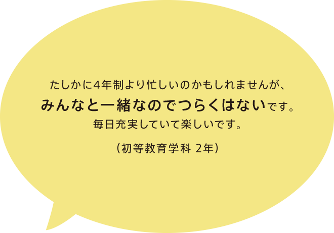 たしかに4年制より忙しいのかもしれませんが、みんなと一緒なのでつらくはないです。毎日充実していて楽しいです。（初等教育学科 2年）